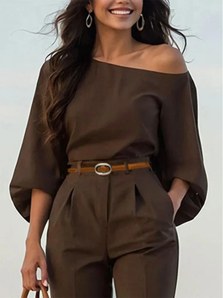 

UOOZEE 2025 New Women Puff Sleeves One-Shoulder Skew Collar T-shirts Fashion Solid Color Asymmetrical Loose Casual Daily Tops