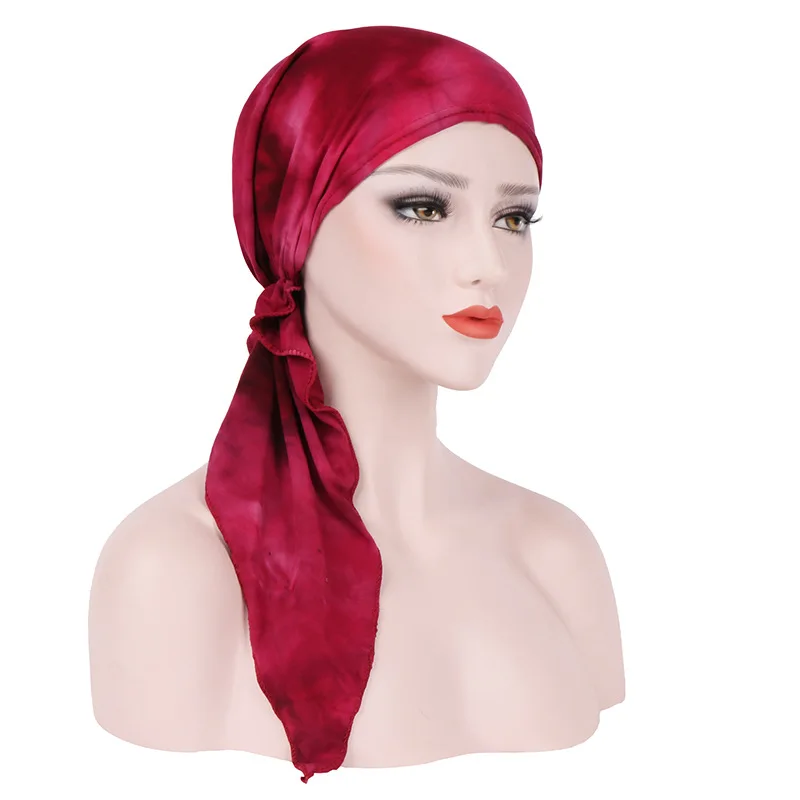 Women\'s Fashion Tie-dyed Headscarf Hat Muslim Ladies Cotton Elastic Pullover Hat Turban Bandanas Cancer Chemo Hat Headwear