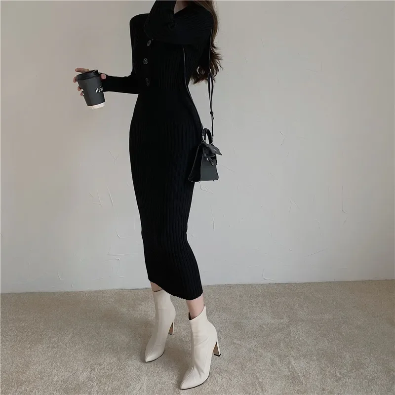 Woman Dress Vintage Knitted Sweater Long Sleeve Dresses Women Slim Bodycon Korean Elegant Fall Winter Button V Neck Midi Sweater