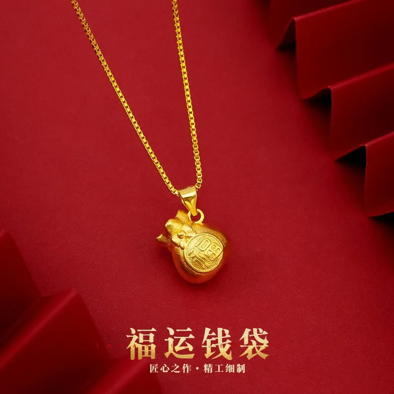 Fortune Money Bag 24K Pure Gold Pendant AU999 Real Gold Necklace Fortune Gold Clavicle Chain