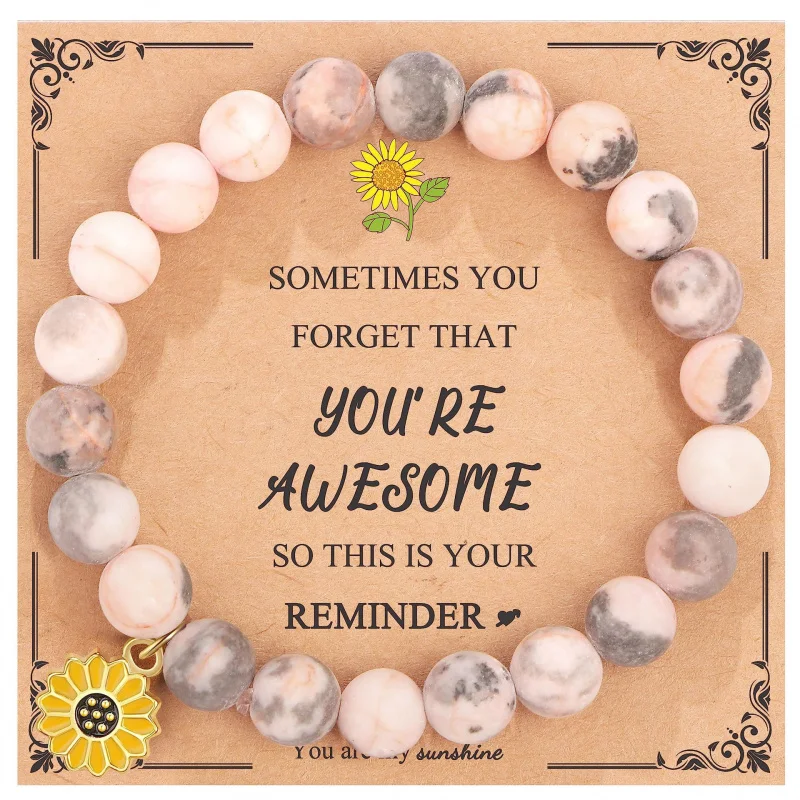 

Flower of Friendship Pink Zebra Rose Quartz Rose Stone Handmade Sunflower Chain Bracelet Wholesale