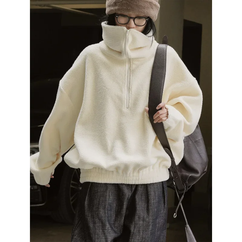 Women Winter Polar Fleece Sweater Zipper Pullover Retro Fashion Loose Large Lapel Lazy Soft Milky Thick Sweatshirt Clothes Coats
