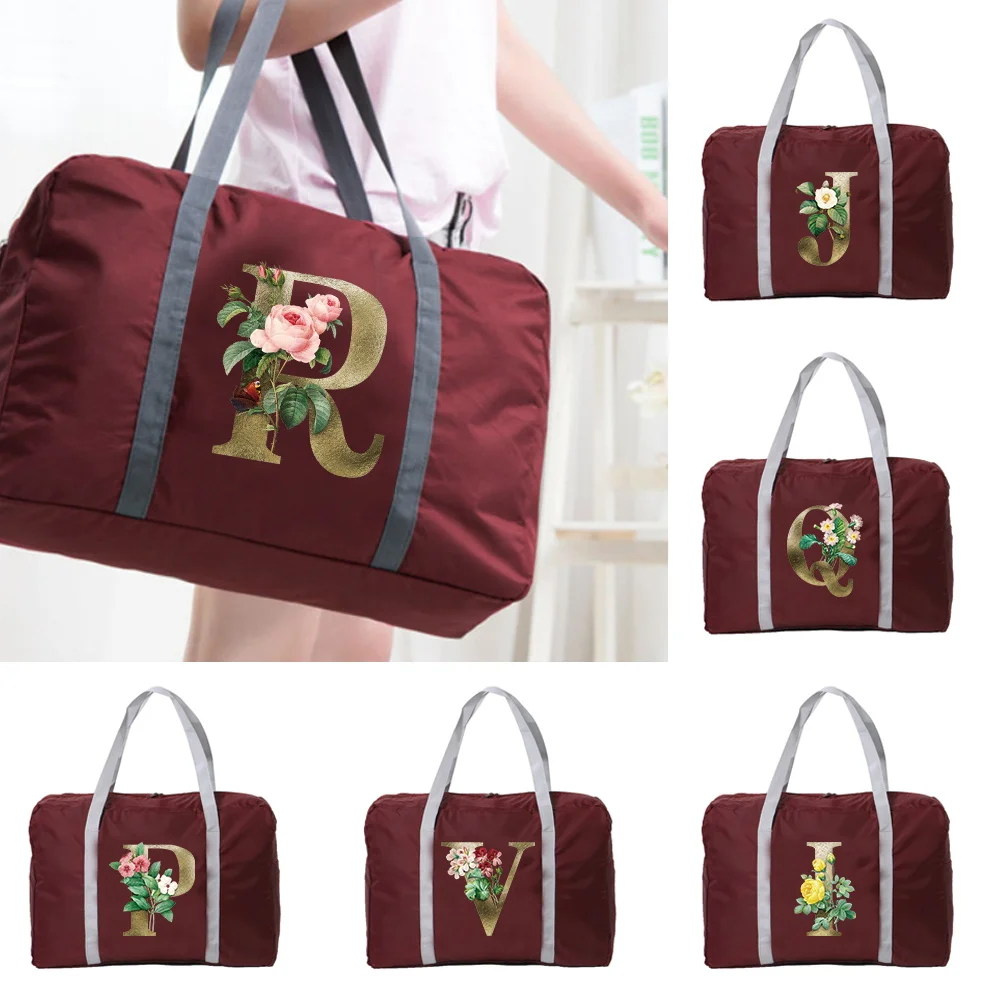 Unisex Nylon Foldable Travel Bags Large Capacity Bag Luggage Handbags Golden Flower Letter Series Travel Bag Holiday Accessories