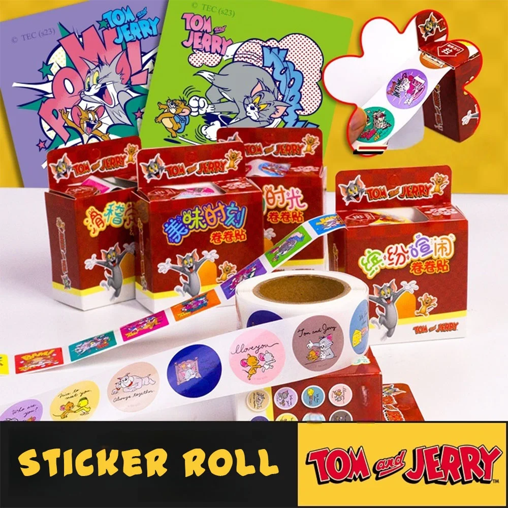 Genuine Tom and Jerry Roll Sticker Box 300PCS Cartoon Round Decorative Labels for Journal Planner Scrapbook Gift Wrap