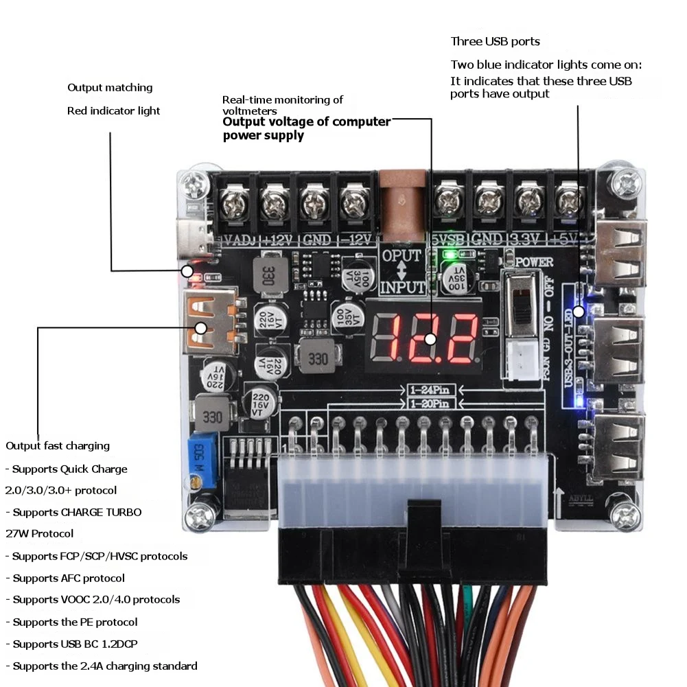 A13E-20/24 Pin ATX Power Adapter Board - Adjustable Voltage With Red Digital Display - Supports PD2.0/PD3.0