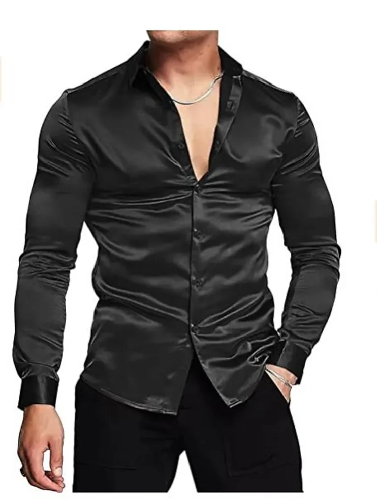 

Men's luxurious shiny silk satin dress shirt Long sleeved casual slim muscle button-down shirt Plus size S-3XL