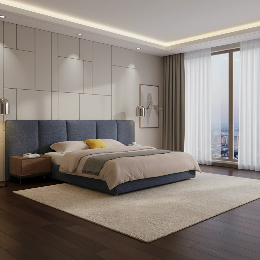 

&c New Arrival High End Wholesale Price Modern Bedroom Furniture king Size Fabric Bed Set with Large Headboard for Villa