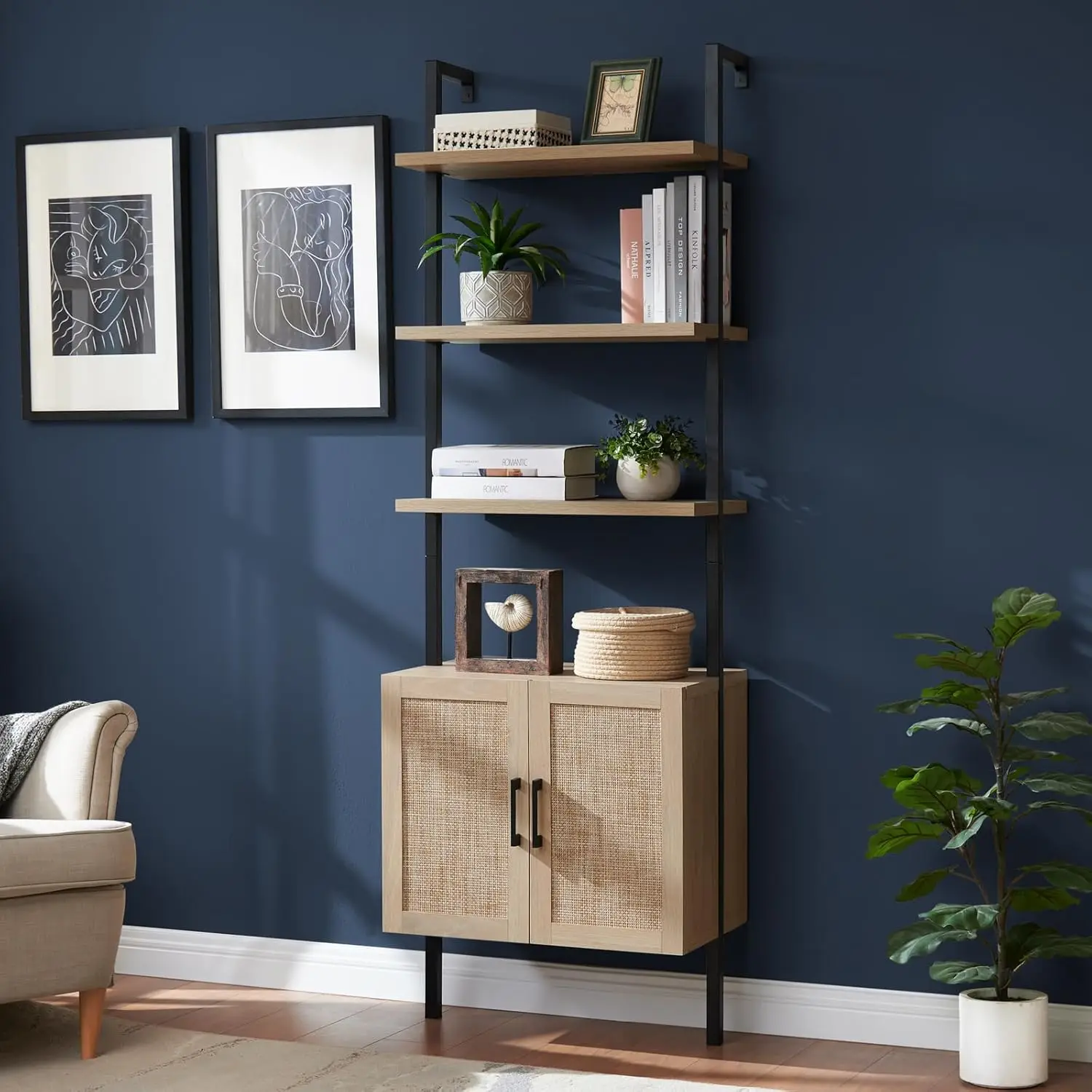 Tier Bookshelf with Rattan Cabinet, 73