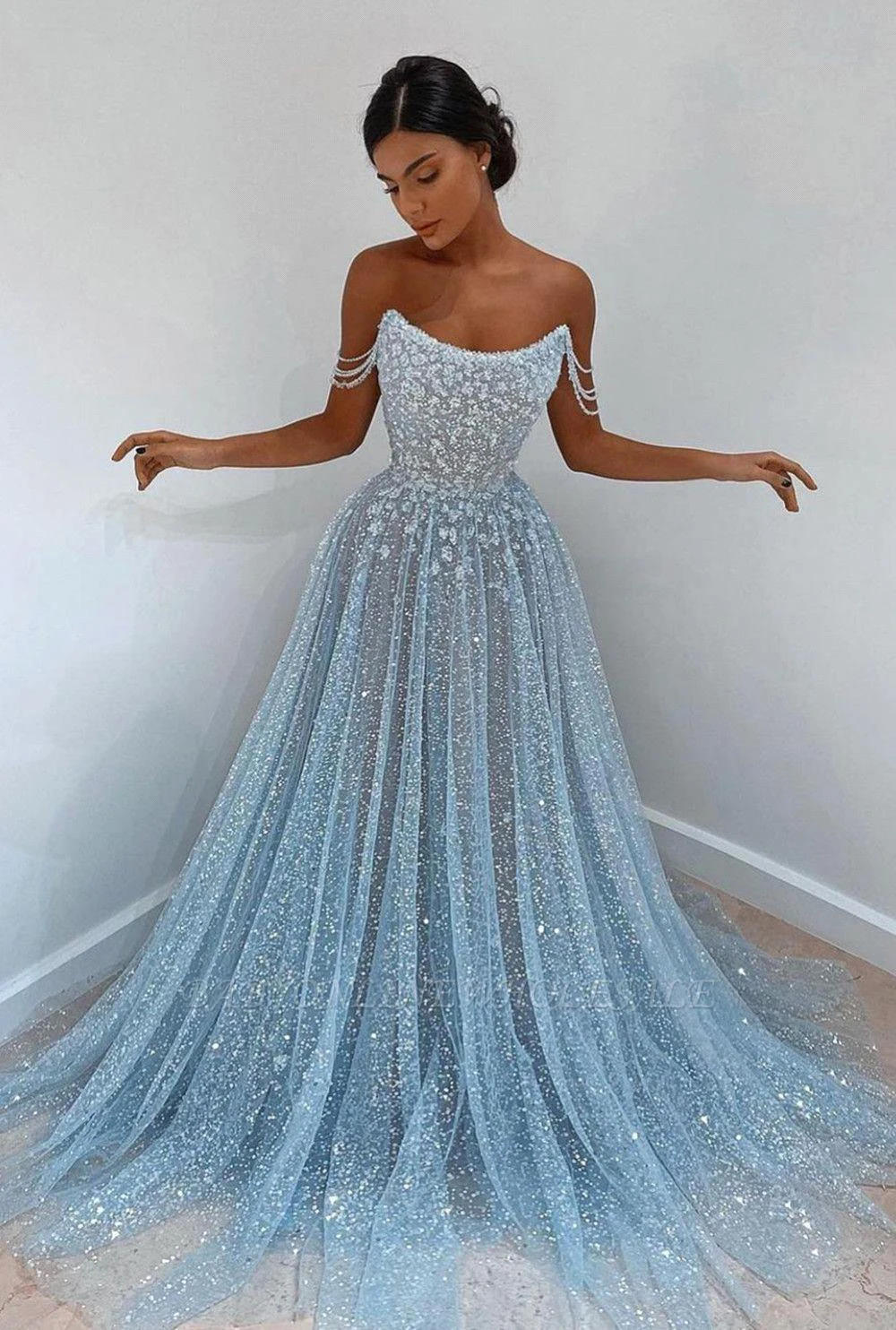 Elegant A Line Blue Long Evening Dresses For Women 2024 Strapless Beading Sequined Vestido De Fiesta Wedding Party Gown Formal