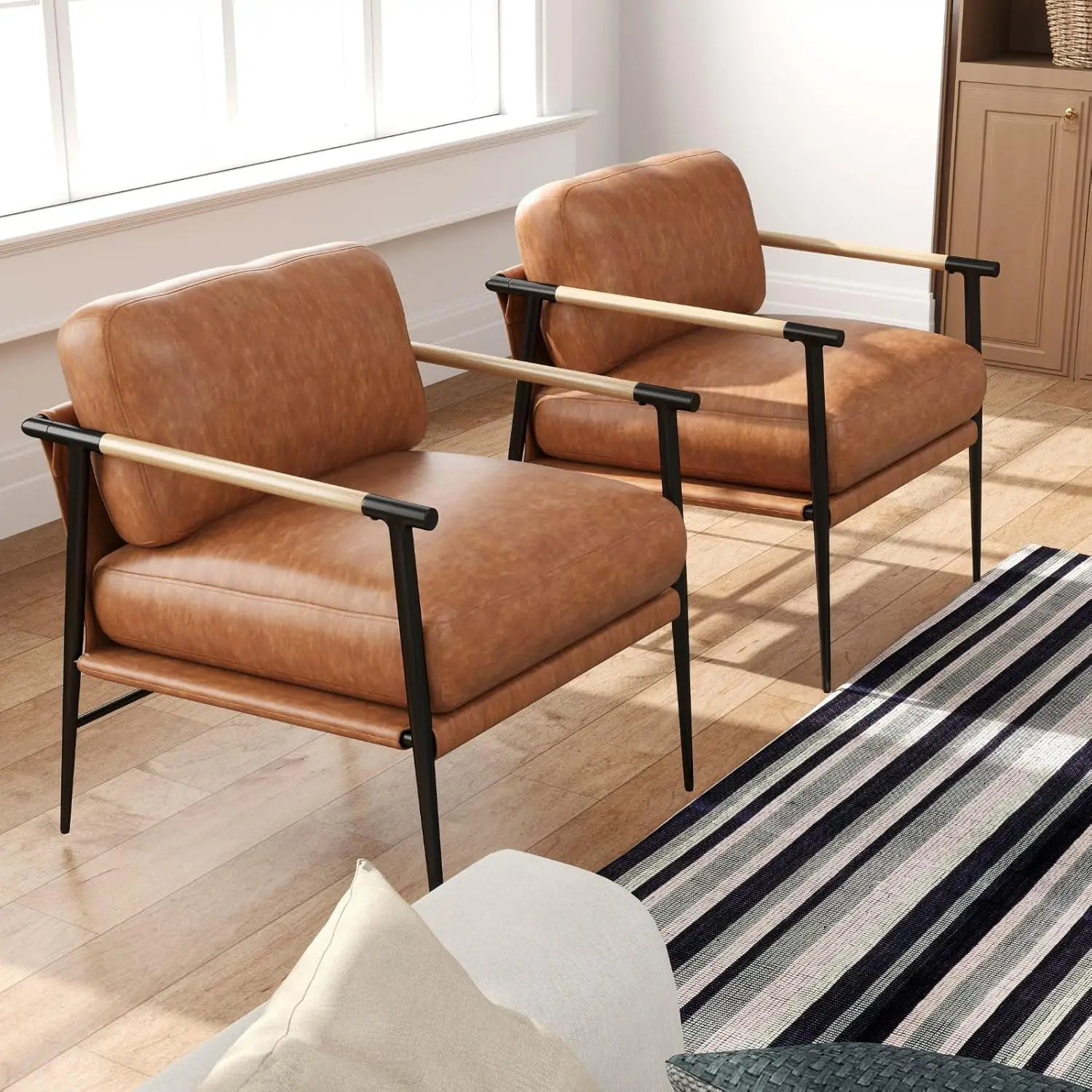 

PU Leather Accent Chairs Set of 2, with Metal Legs Modern Armchairs Upholstered Mid-Century Comfy Leisure Chair, Brown
