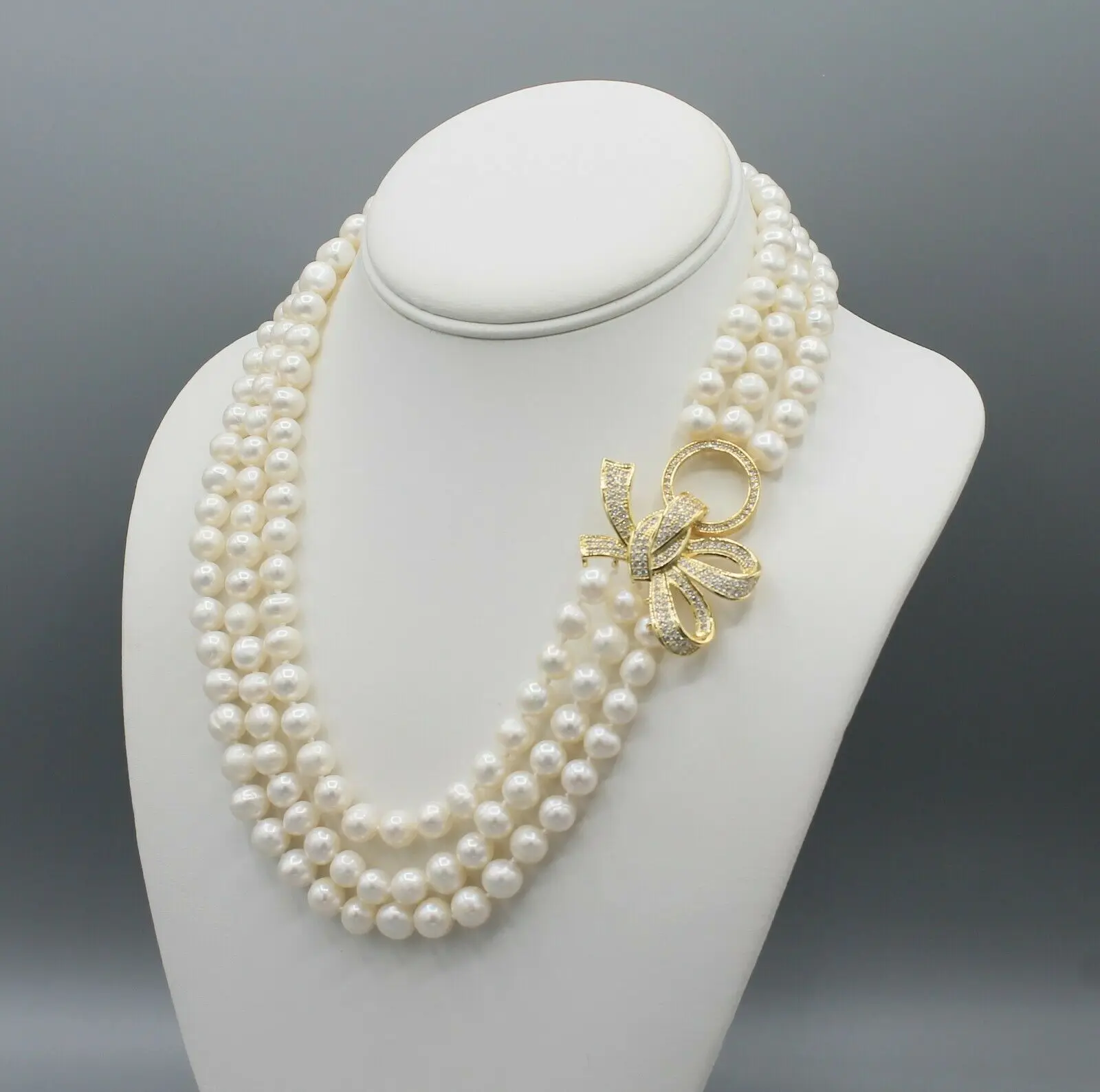 Hand knotted 8-9mm white freshwater pearl necklace micro inlay zircon bow clasp fashion jewelry