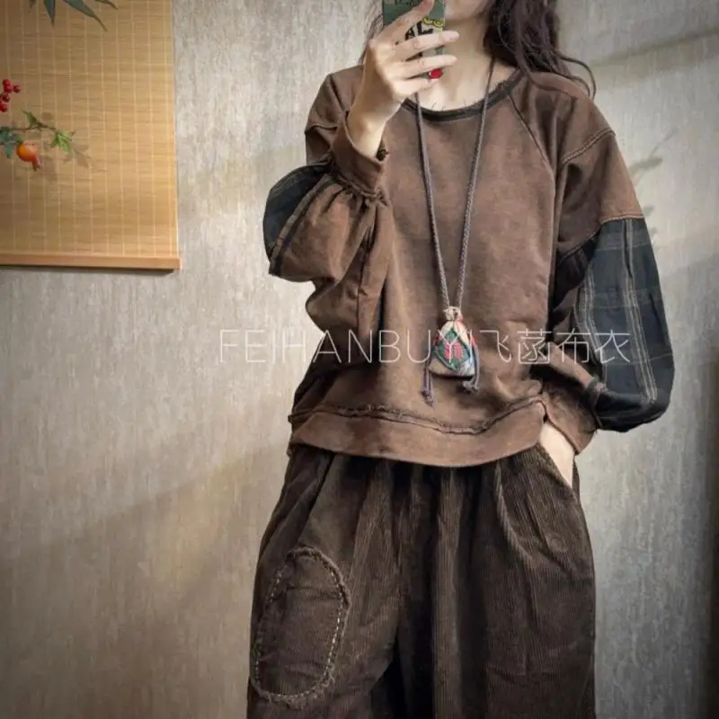 ربيع الخريف نمط المرأة المرقعة منقوشة كم طويل Vintage البلوفرات فضفاضة كل المتطابقة هوديي القطن عادية جودة عالية