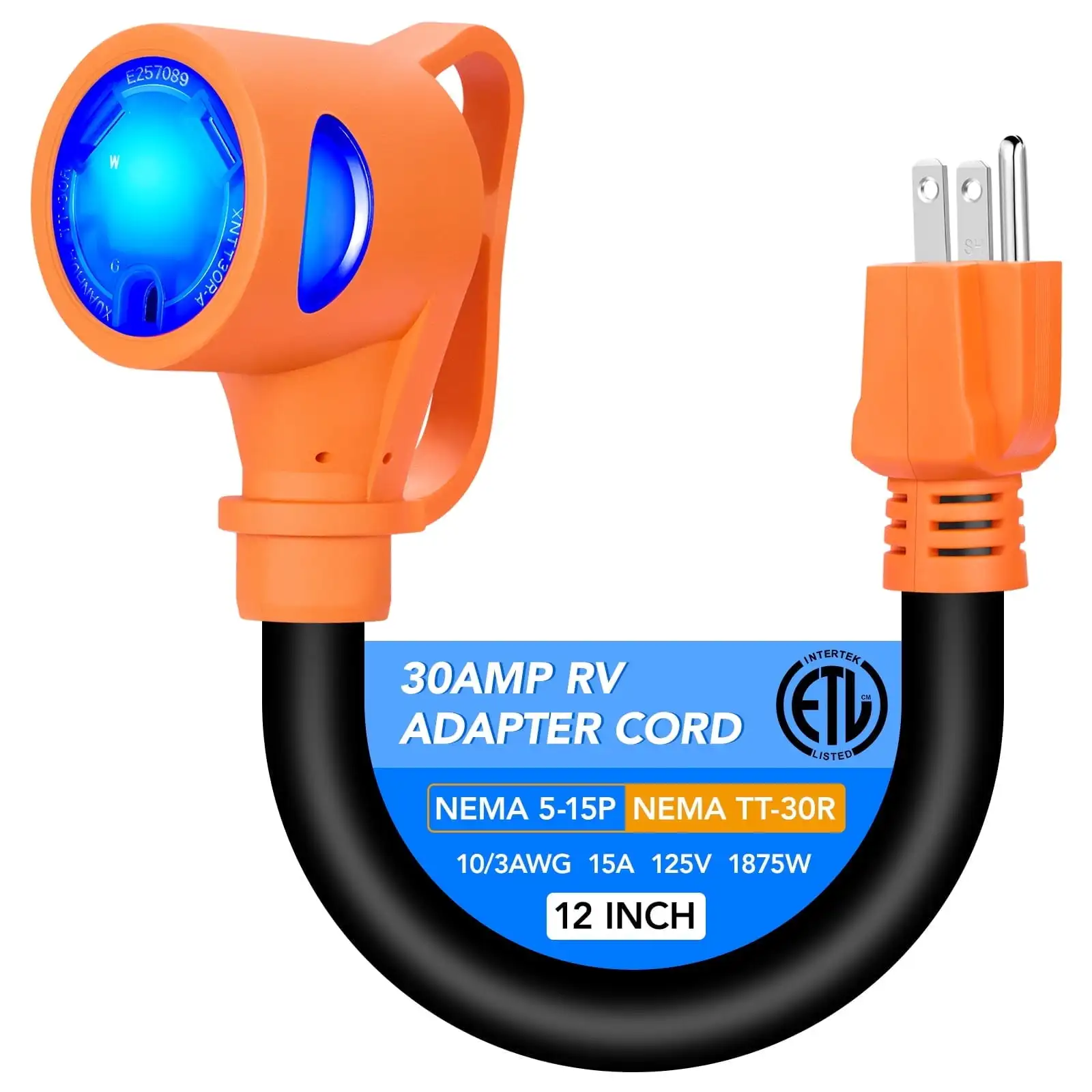 سلك محول طاقة RV من 15A إلى 30A، 10 مقياس من النحاس النقي مع مؤشر LED، قبضة مريحة للمركبات الترفيهية الصغيرة #1