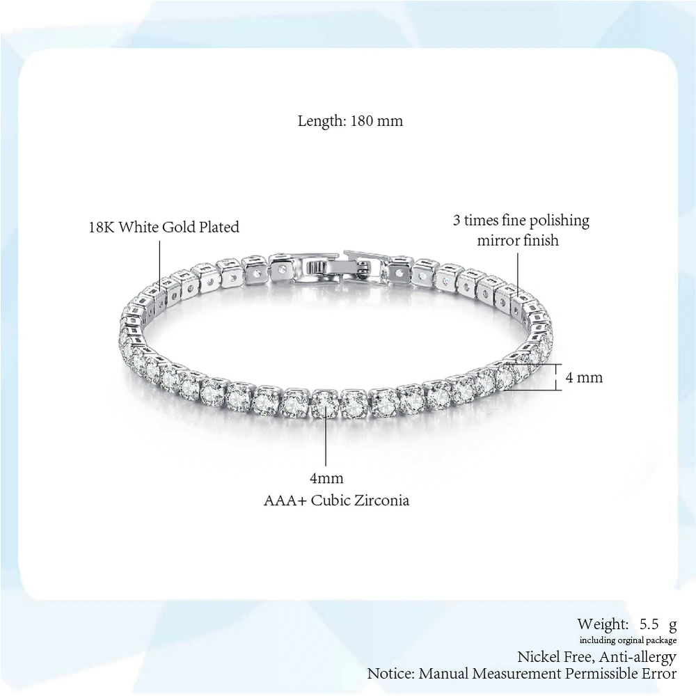 Women\'s Tennis Bracelet Hip Hop Trendy AAA+ Cubic Zirconia Silver Color Teen Girl Crystal Chain on The Hand Wedding Jewelry H086