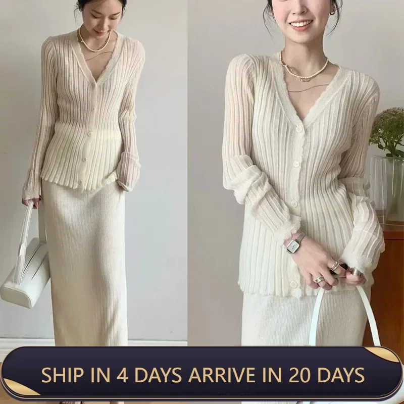 

New Arrival Women French Style Soft Fine Merino Wool Knitted Cardigan With Fringed Hem And V Neck Sweater