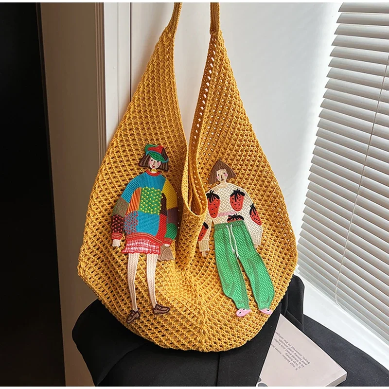 Hohle gestrickte Umhängetasche aus Netzstoff, Strandurlaub, lässige, schicke Cartoon-Einkaufstasche, leichte, lässige, gewebte Damenhandtasche mit Entspannung – Detail 19