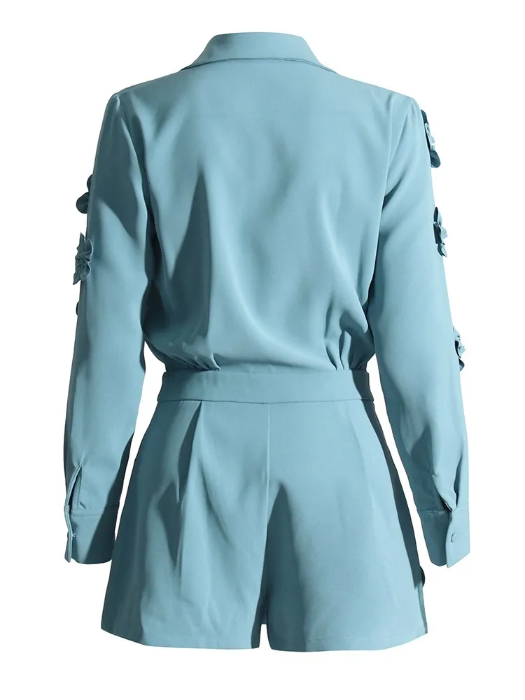 TWOTWINSTYLE macacão elegante com apliques para mulheres, lapela, manga longa, patchwork, zíper, casual, estilo feminino