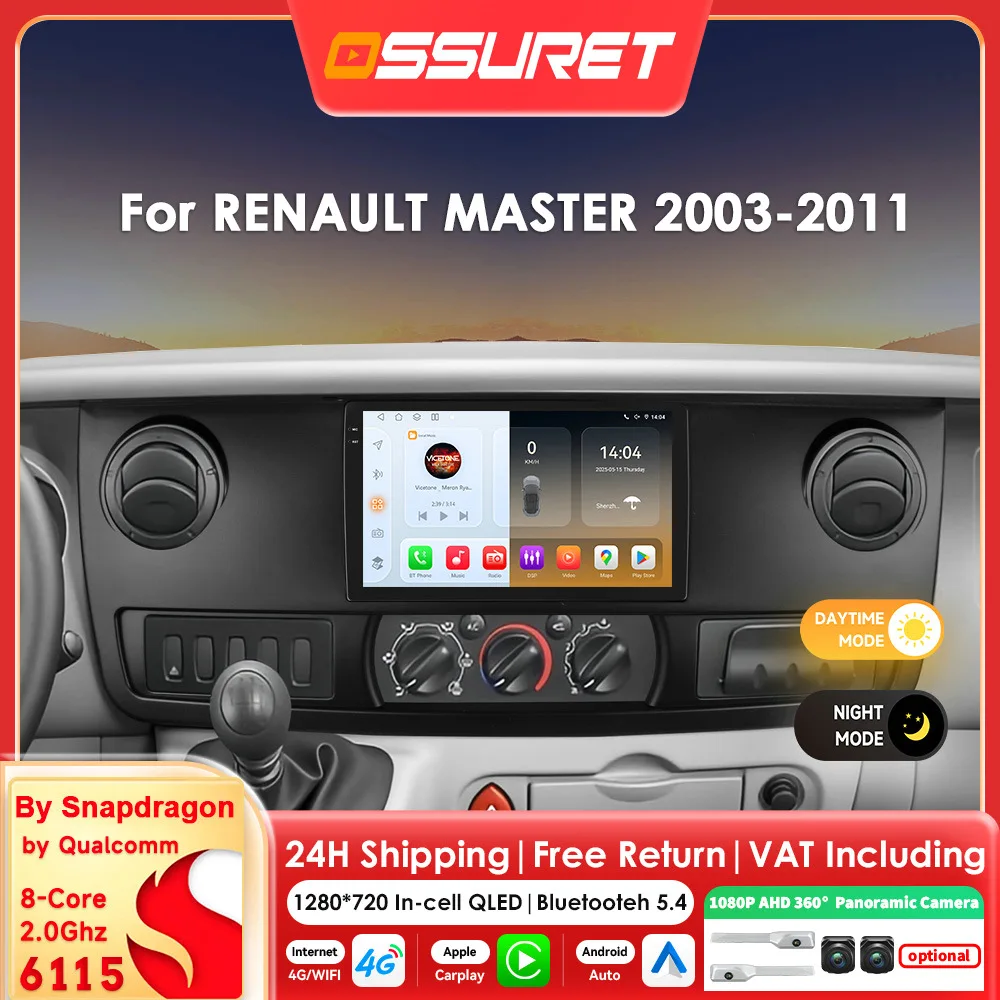 6115 8Core AI Carplay Andorid 14 Autoradio per Renault Master 2003 - 2011 lettore multimediale 360 Cam Car GPS radio 2DIN Schermo