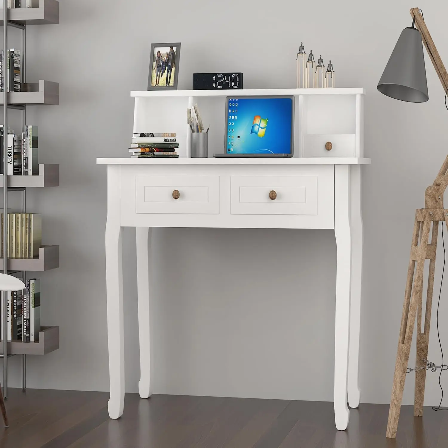 Small Writing Desk with Hutch, 32 Inch Home Office Desk with Drawers, Study Table Computer Desk for Student, Vanity Makeup Dress