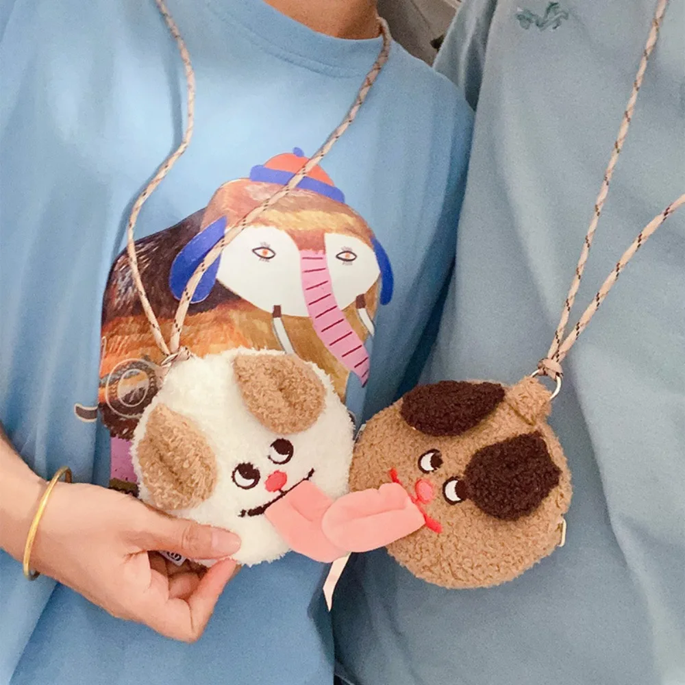 New Neck Plush Dog Puppy Key Chain Bag Creative Cartoon Tongue Sticking Puppy Wallet Backpack Pendant Portable Cable Bag