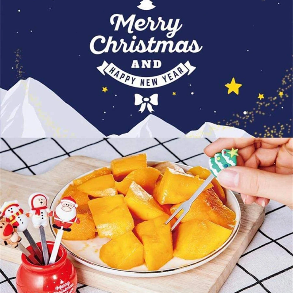 Christmas Salad Fork Fruit Fork Bright Color Reusable Christmas Tree Cute with Ceramic Cup Holder for Dessert for Party