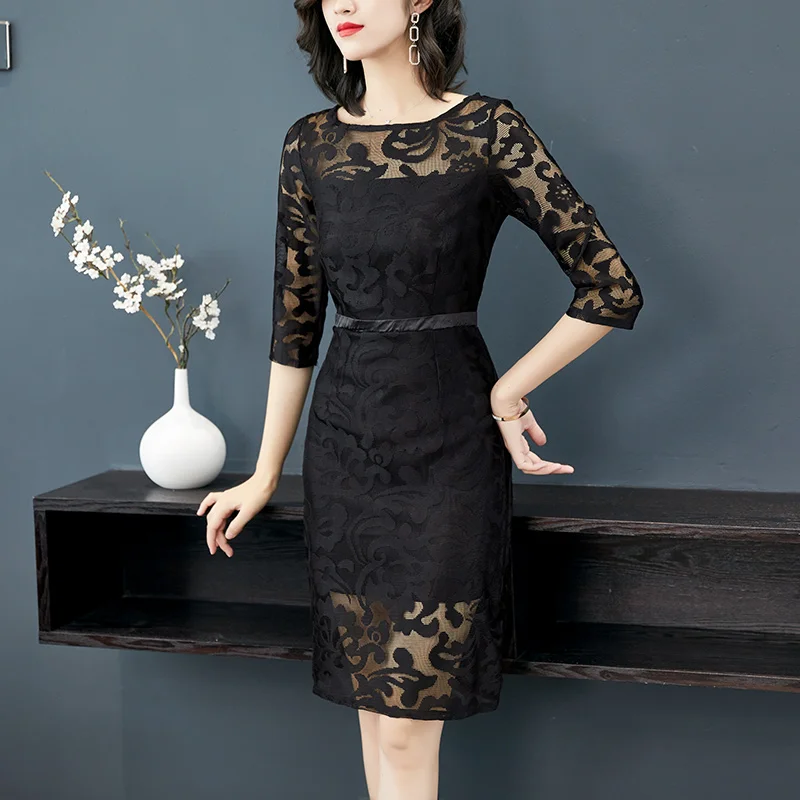 

Coigarsam Women Long Dress 2024 Office Lady Half Sleeve Lace O-Neck Black Dresses