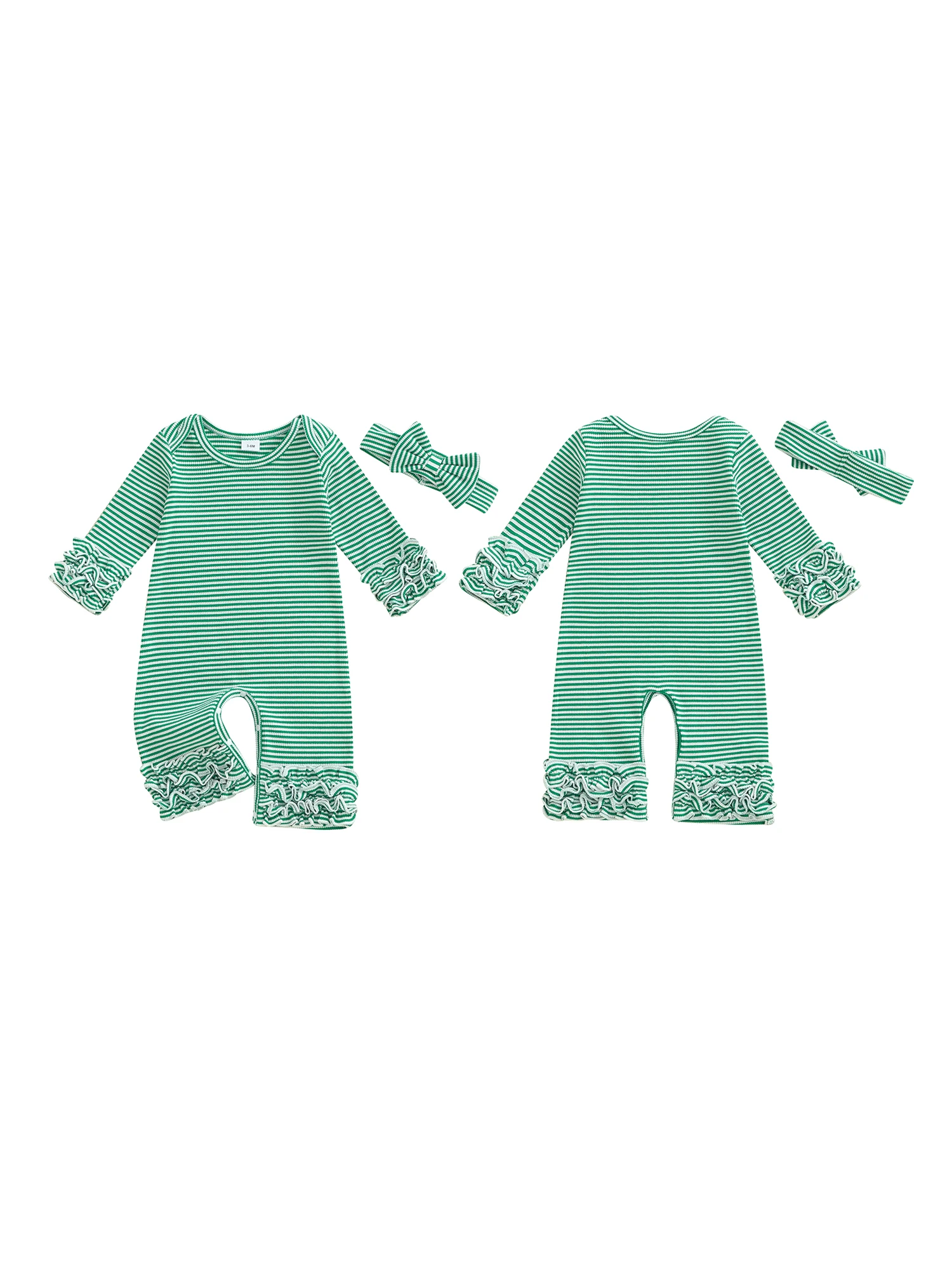 Setelan 2 Potong Bayi Perempuan yang Menggemaskan, Romper Bergaris Lengan Panjang yang Stylish dengan Ikat Kepala Berpita yang Serasi untuk Tampilan Lengkap