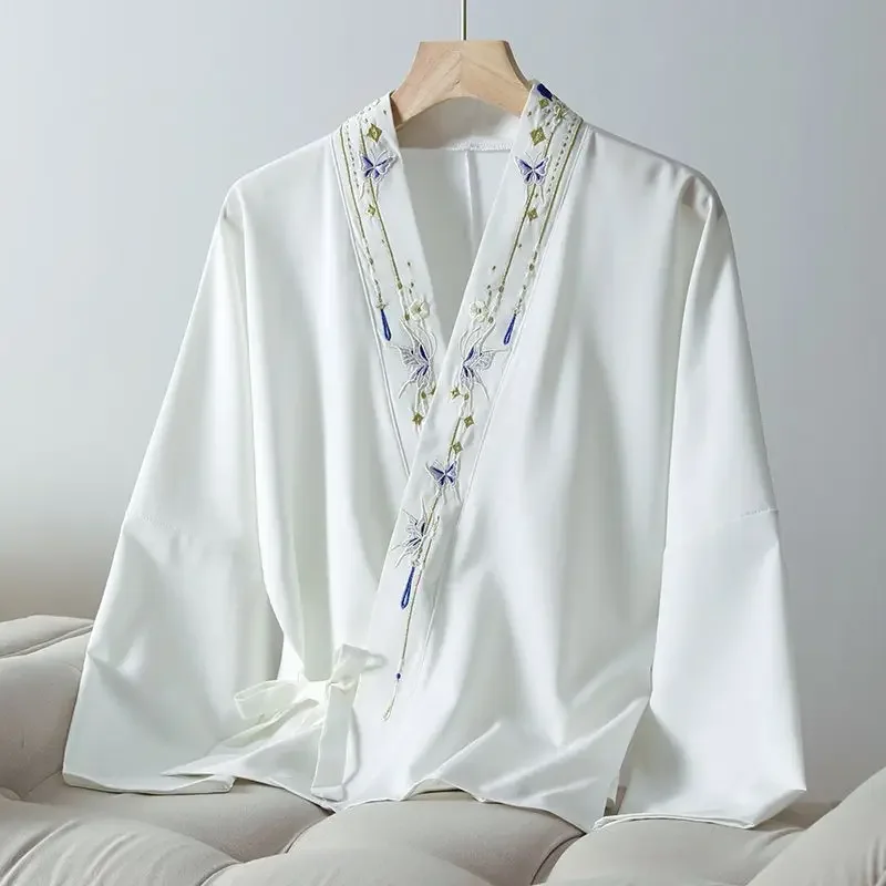 

Autumn Hanfu Long Sleeve Shirts Women Ancient Chinese Traditional Hanfu Embroidery White Tie up Top Shirts Women