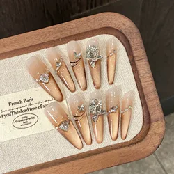 Handmade Press on Nails with Large Crystal Design Long Oval False Nails Glitter Champagne Gold French Cat Eye Fake Nail Patches