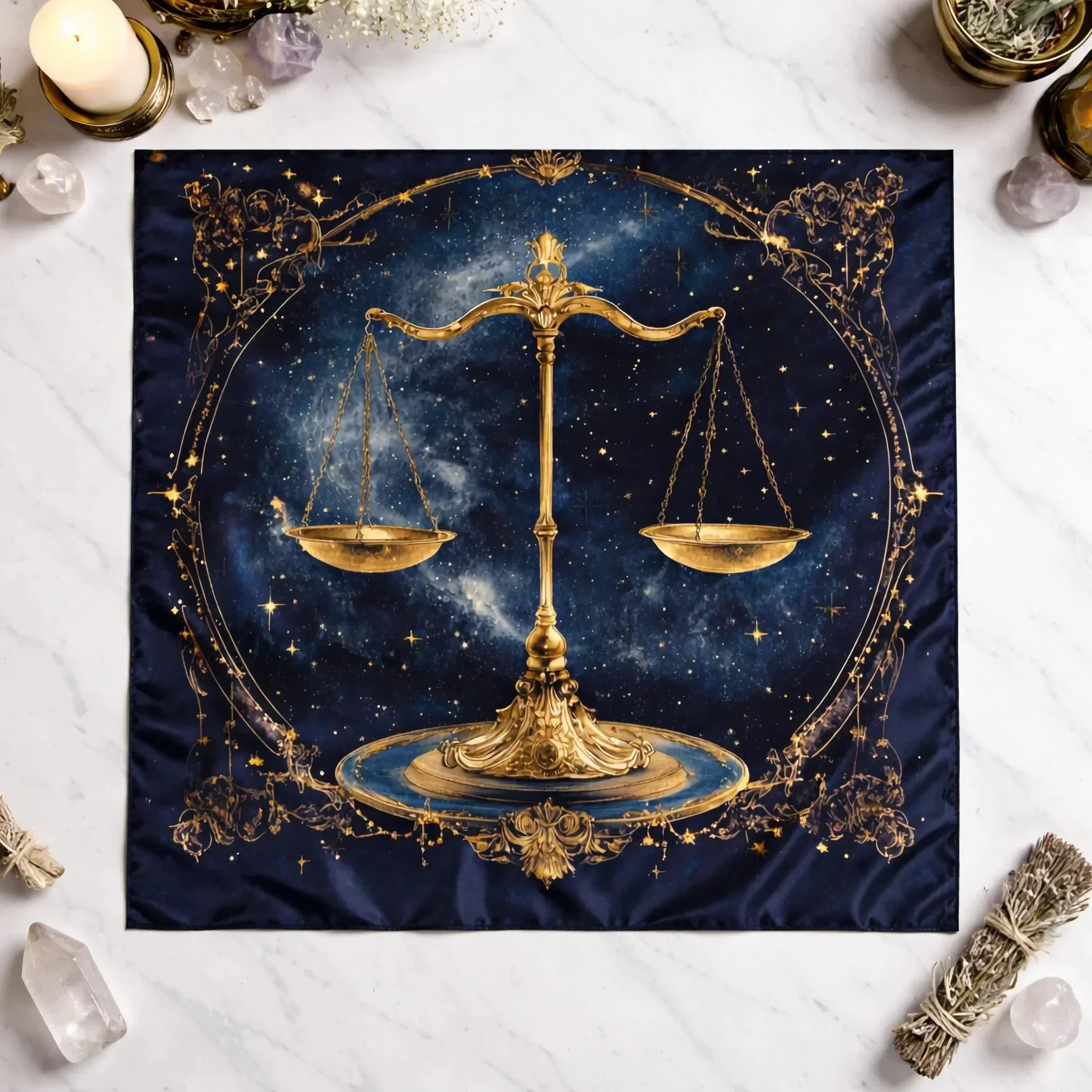 Libra Zodiac Tarot Altar Cloth Astrology Divination Mat Boho Witchy Tablecloth Golden Scale Decor Flat Print