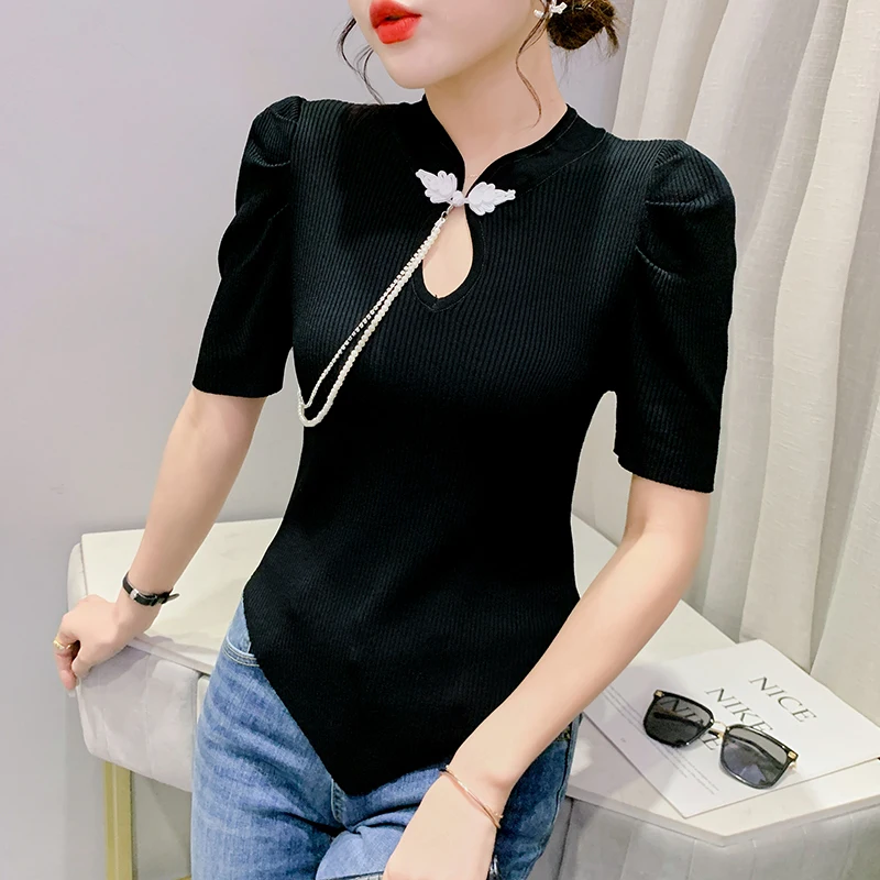 

Summer Knitted Vintage Button Chain T-Shirt Fashion Sexy Stand Hollow Out Irregularity Women Short Sleeve Tops Slim Tees 2003