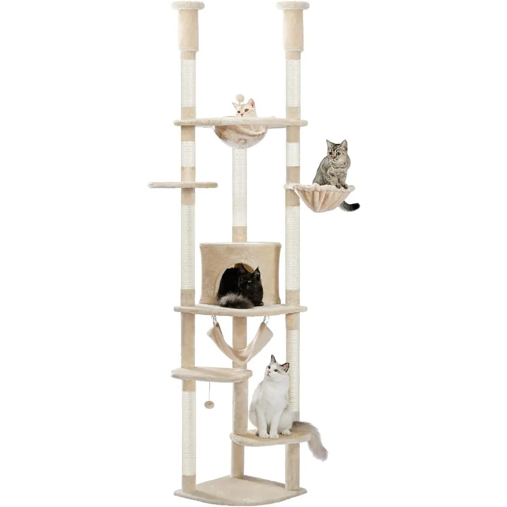 

PETEPELA Floor to Ceiling Cat Tree, Sisal Scratching Posts [92.9’’-101.6’’] Height Adjustable Tower Tall cat Climbing Play House