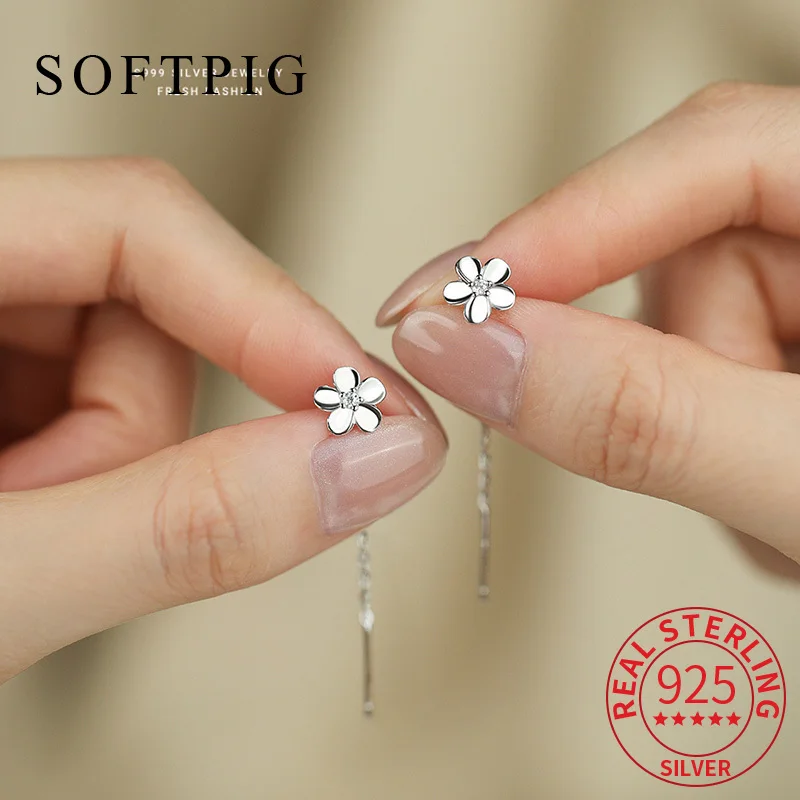

SOFTPIG Real 925 Sterling Silver Zircon Mini Flower Short Tassel Stud Earrings for Women Cute Fine Jewelry Trendy Accessories