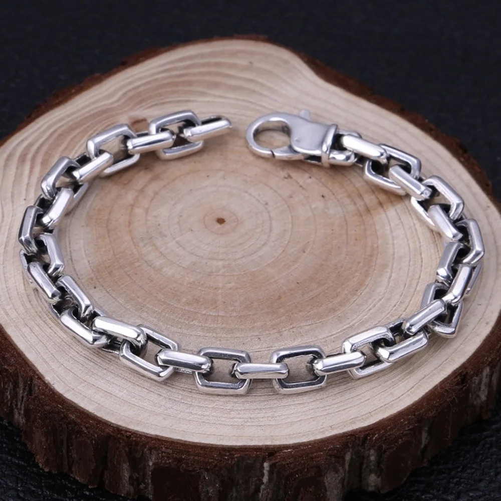 

Real Solid 925 Sterling Silver Chain Men Smooth 7mm Square Rolo Cable Link Bracelet 25-26g/20cm