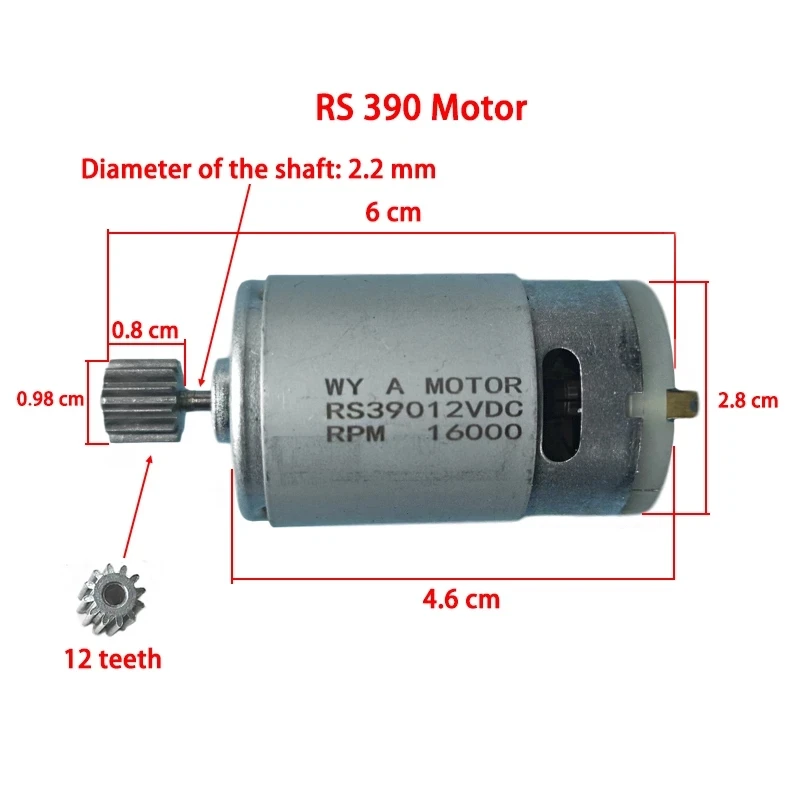 RS 390 RS 380 Motore per auto giocattolo elettrico per bambini 6V 12V DC Motor 12T Gear per giro per bambini sul motore dell\'auto per veicolo