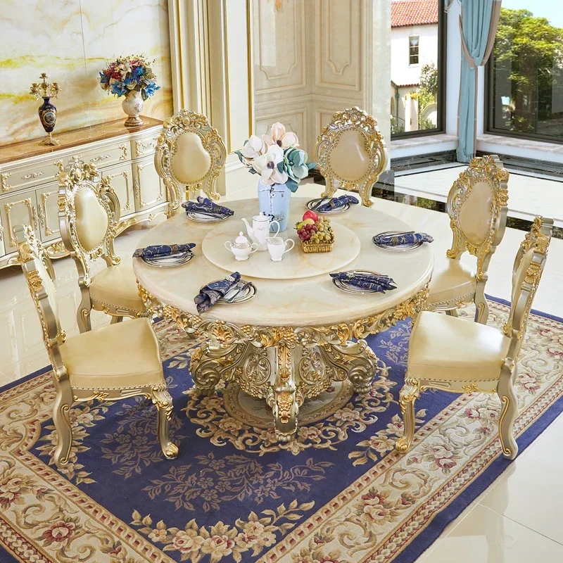 178European solid wood carving flower round table American style marble round table with turntable, atmospheric luxury dining ta
