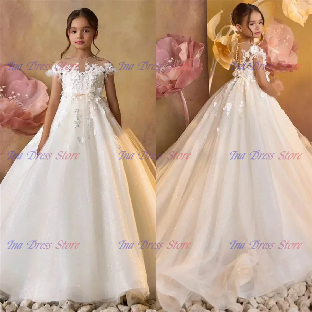 

Платье с цветочным узором для девочек, элегантное белое тюлевое платье трапециевидной формы с качественной цветочной аппликацией для маленькой принцессы, вечерние бальные платья на день рождения