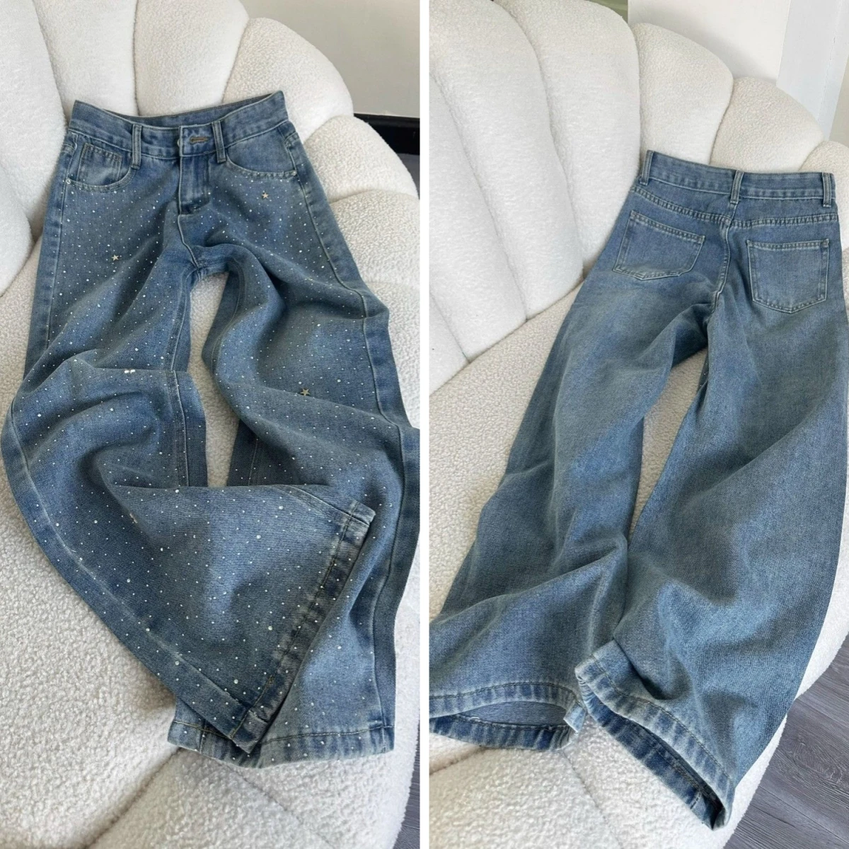 

Jeans Women Denims Straight Wide Leg Pants High Waist Diamonds Pockets Washed Distressed Vintage Trousers Summer 2025 Streetwear