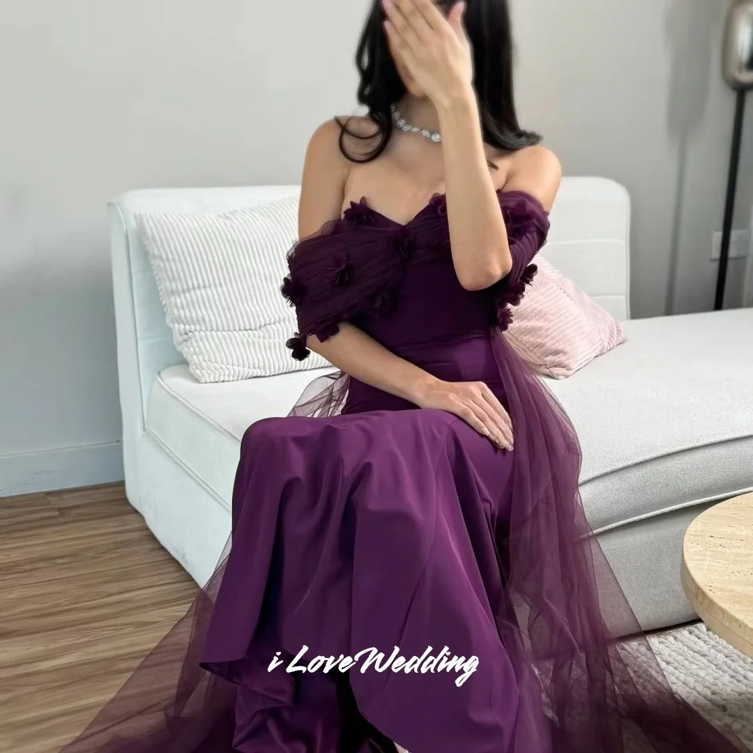 Purple Strapless Evening Dress 2025 Off Shoulder 3D Flowers Mermaid Backless Floor-Length Pleated Wedding Party Dress Customized