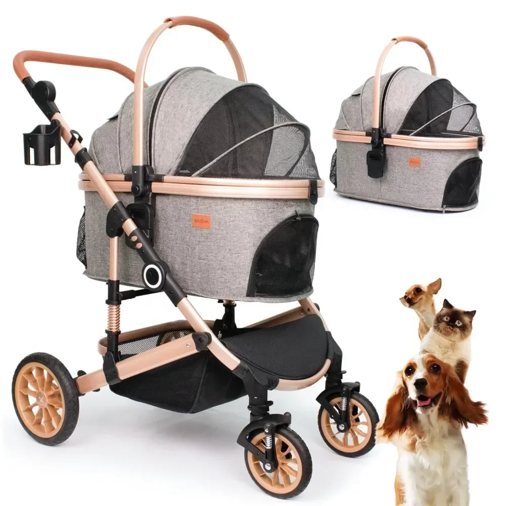 Pet Stroller, Foldable Pet Travel Carrier for Small/Medium Dogs Cats Up To 50lbs, Detachble Portable Pet Bag, Storage Basket