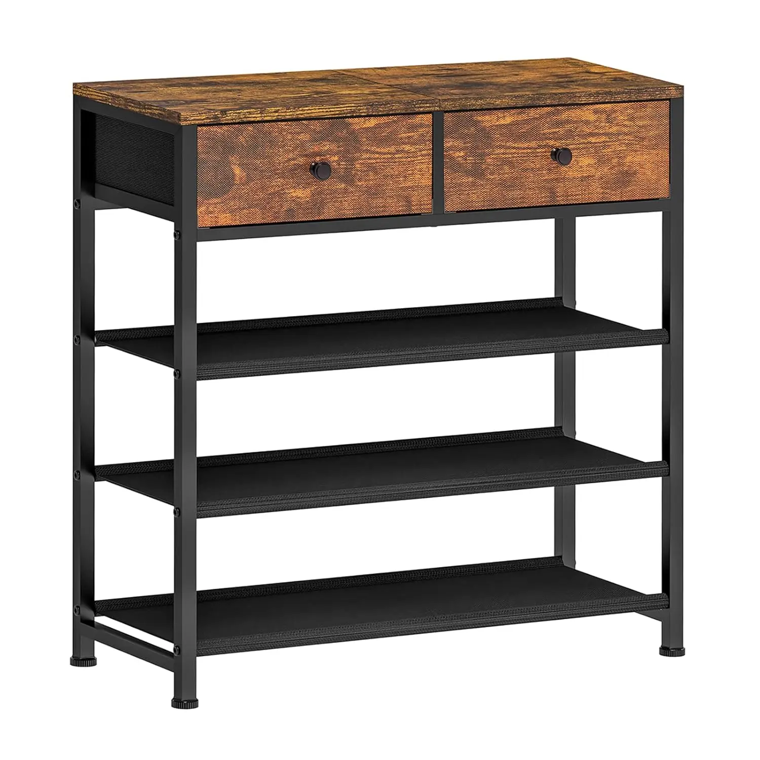 

4 Tier Metal Shoe Rack with Drawers & Fabric Shelves Wooden Top Entryway Storage 9-12 Pairs Rustic Brown, Customized