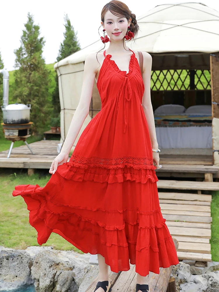 

2025 New Red Patchwork Lace Hollow Out Ruffled Long Dress Summer Elegant Chic Bow Neck-mounted Dress Women Luxury Evening Dress