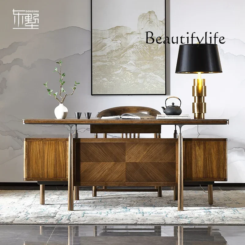 

BJ Modern New Chinese-style Solid Wood Rectangular Storage Office Desk Black Walnut Desk Leather Book Chair Combination