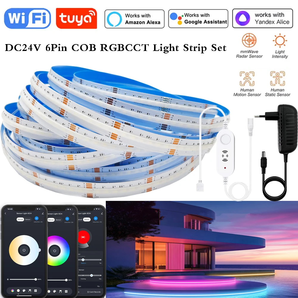 

Tuya WiFi DC24V COB RGBCCT Flexible Light Atmosphere Lamp Strip Kit 3in1 Led Controller Human Motion Detector Dimmer for Alexa
