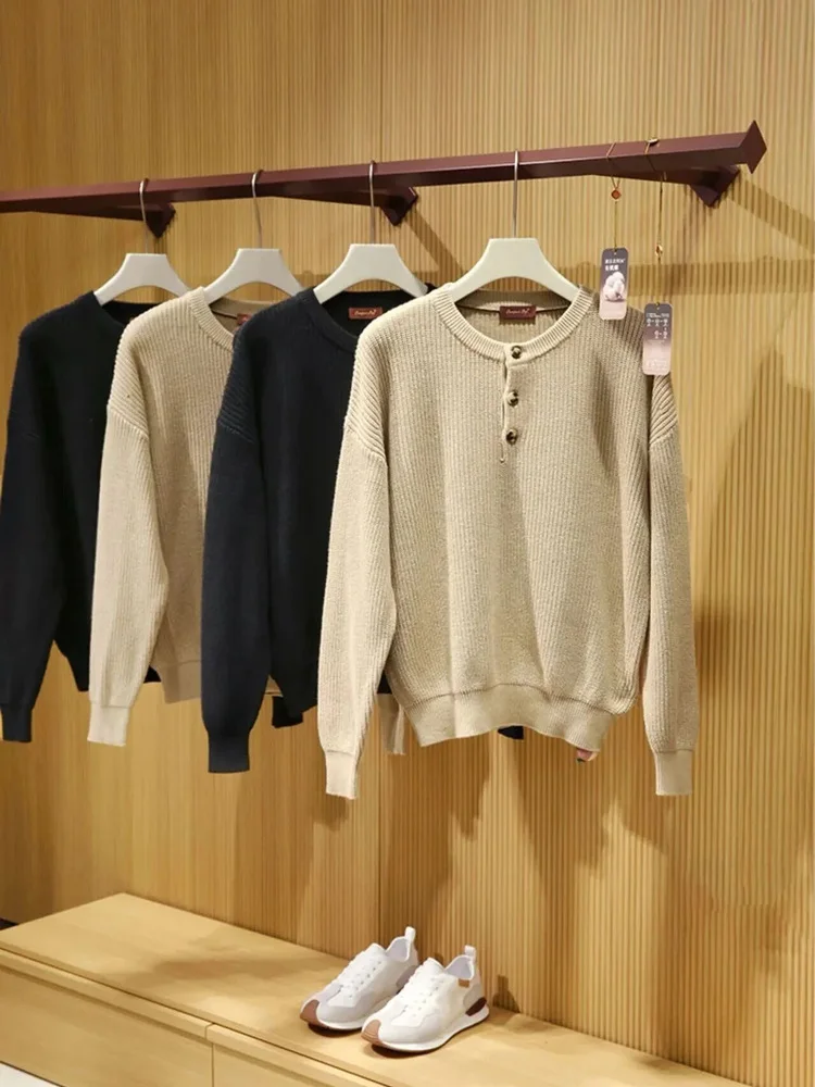 

Laid-ba Sle Knitted Sweater Henry Collar Couple New Rich Autumn Winter Men's Faion Loose Fit Long Sve round Ne Swe...