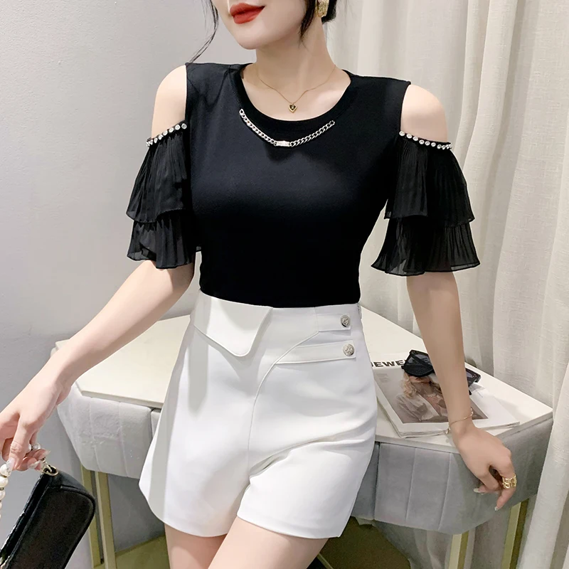 

Black Summer Korean Style T-Shirt Women Chic Sexy Off Collar Chain Shiny Rivet Patchwork Tops Ruffles Sleeve Tees 2024 New 43292