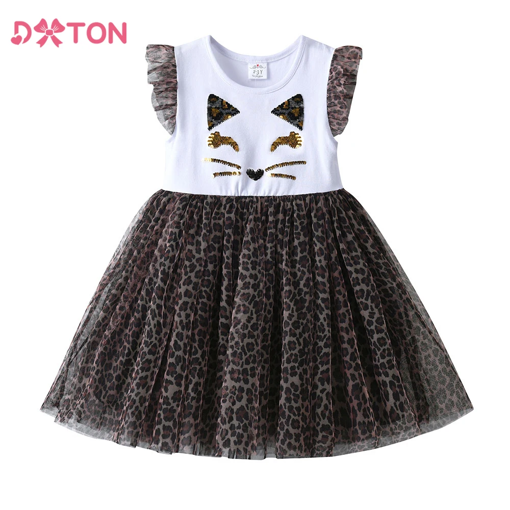 

DXTON Baby Girls Dresses Flying Sleeveless Summer Kids Dresses Cartoon Children Clothing Leopard Print Mesh Tutu Dress For Girls