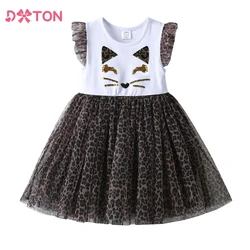 DXTON Baby Girls Dresses Flying Sleeveless Summer Kids Dresses Cartoon Children Clothing Leopard Print Mesh Tutu Dress For Girls