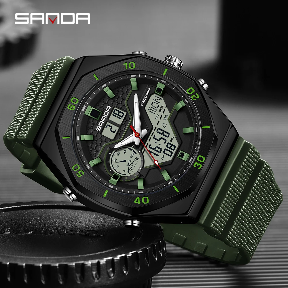 SANDA Men Sports Watches Dual Display Analog Digital LED Electronic Quartz Wristwatches Waterproof Swimming Military Male Watch