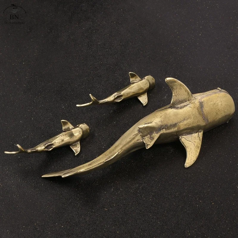 203G Retro Brass Shark Statue Desktop Ornaments Vintage Marine Animals Figurines Model Home Decorations Crafts Accessories